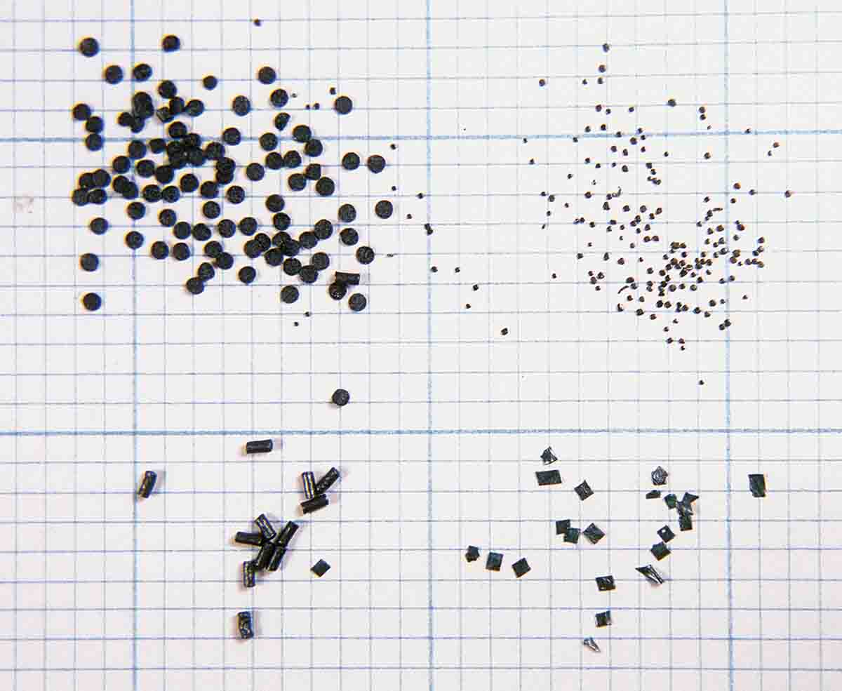 Powder types, clockwise from top left, include flake, ball, sheet cut and extruded.